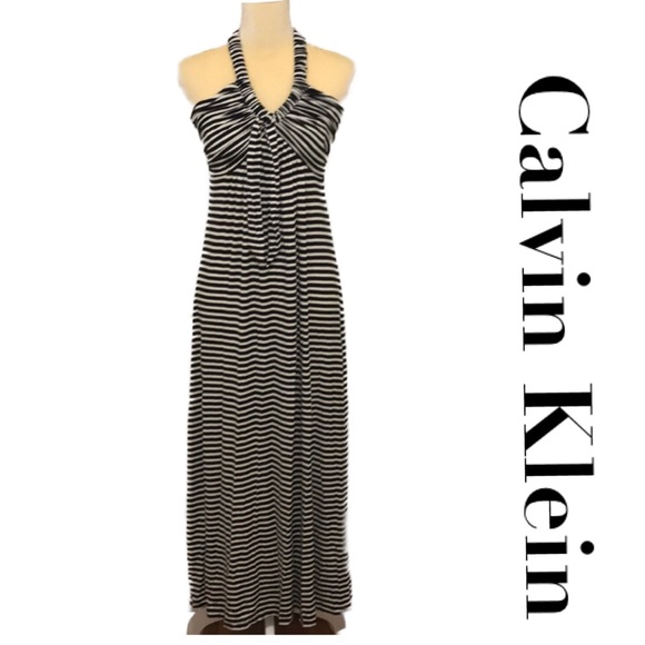 calvin klein shadow stripe maxi dress NEW CALVIN KLEIN WOMEN'S FAUX WRAP STRIPE BLACK/WHITE A LINE MAXI DRESS  SIZE 2